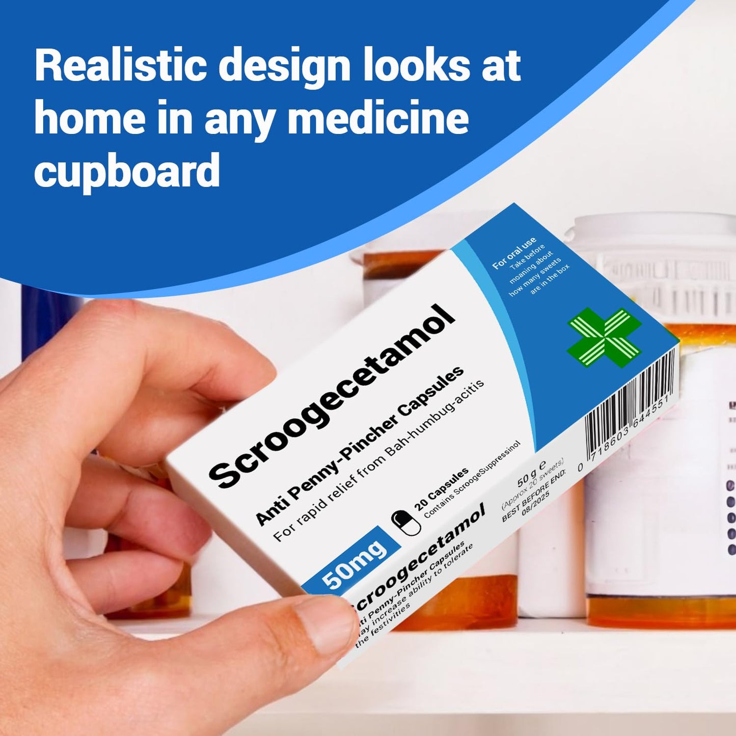 Scroogecetamol - Funny Gifts for Men. Joke Prank Pill Box, Jelly Bean Sweets 50g. Secret Santa Gifts for Men. Gifts for Men, Funny Secret Santa Gifts, Dad Gifts
