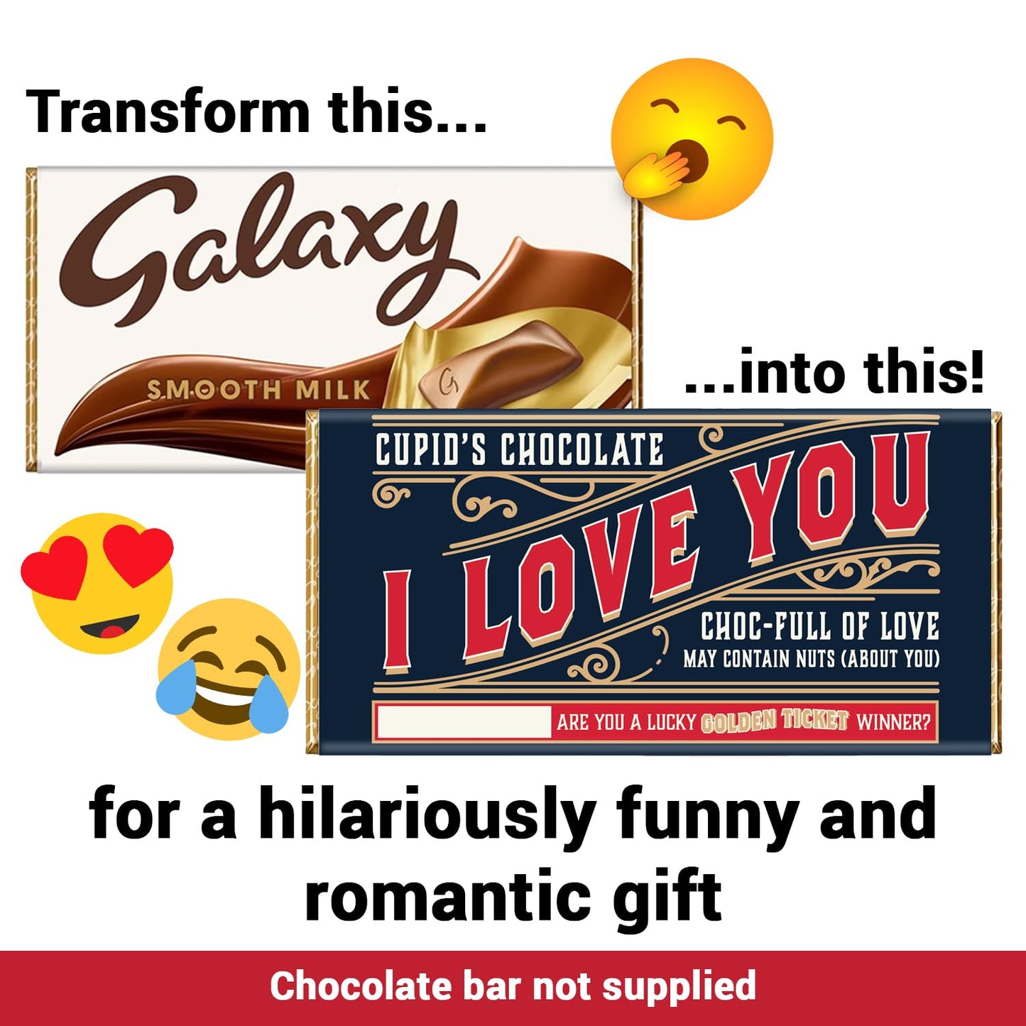 'I Love You' Valentines Chocolate Bar Wrapper & Golden Ticket Gift (Chocolate not included) - Romantic, Anniversary, Valentines Gifts for Him & Her, Chocolate Gifts, Birthday Gifts, Galentine