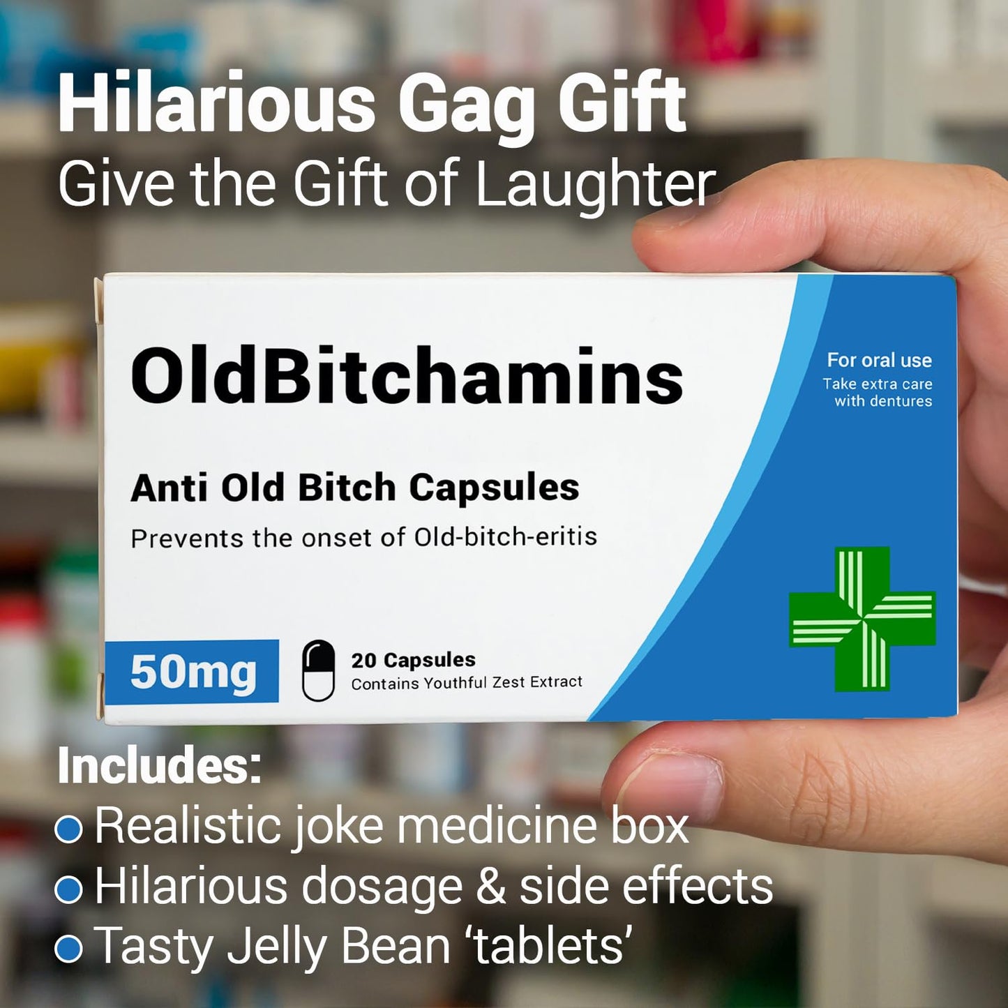 OldBitchamins - Funny Joke Prank Pill Box - Gag Gift with Jelly Beans Sweets 50g, Mothers Day Gifts, Gifts for Mum, 30th, 40th, 50th, 60th Birthday Gifts, Funny Gifts for Women, Gifts Under 10 Pounds