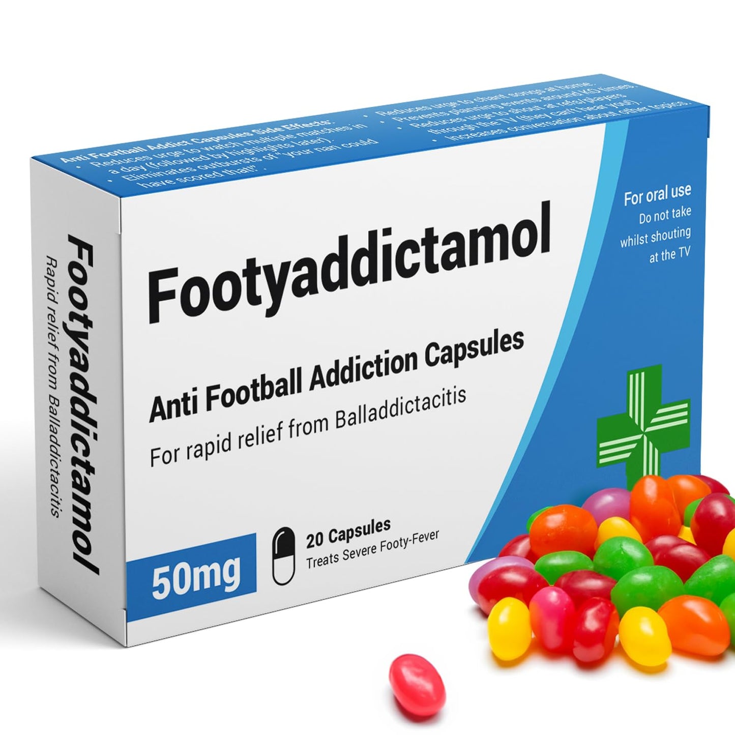 FootyAddictamol - Funny Gifts for Men. Joke Prank Pill Box, Jelly Bean Sweets 50g. Gifts for Football Fans, World Cup, England Football. Gifts for Men, Gifts for Teens