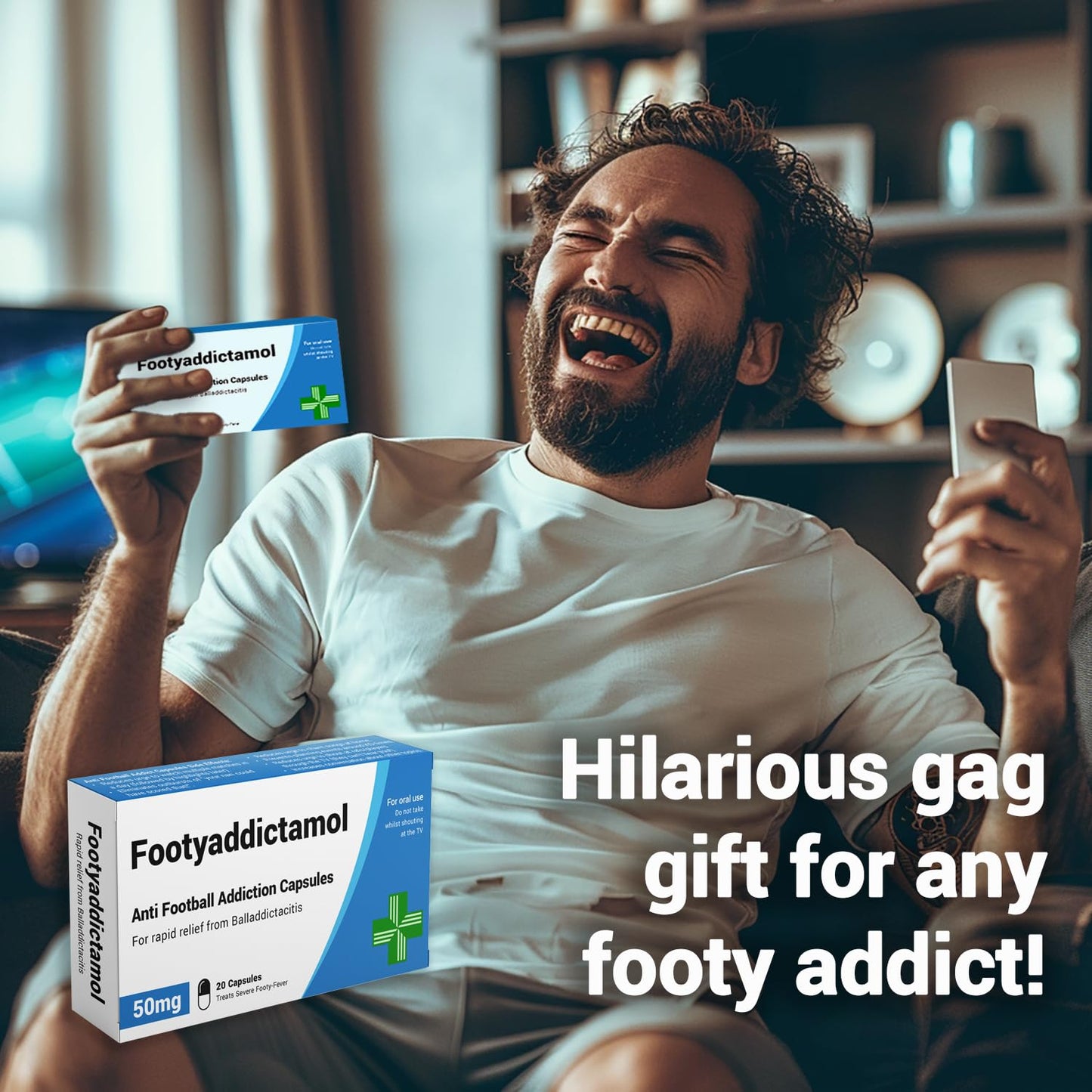 FootyAddictamol - Funny Gifts for Men. Joke Prank Pill Box, Jelly Bean Sweets 50g. Gifts for Football Fans, World Cup, England Football. Gifts for Men, Gifts for Teens