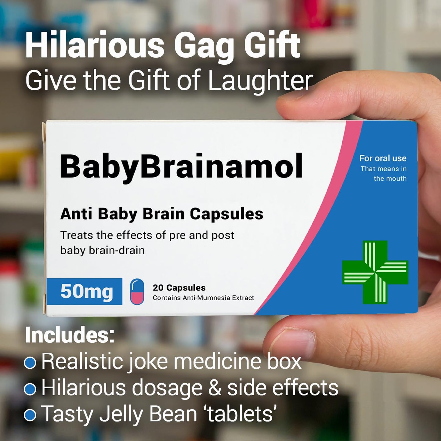 BabyBrainamol - Funny Joke Pills, Baby Shower, Baby Shower Gifts, Baby Shower Games, Pregnancy Gifts, Baby Essentials for Newborn, Baby Shower Decorations, Pregnancy Brain, Jelly Bean Sweets (50g)