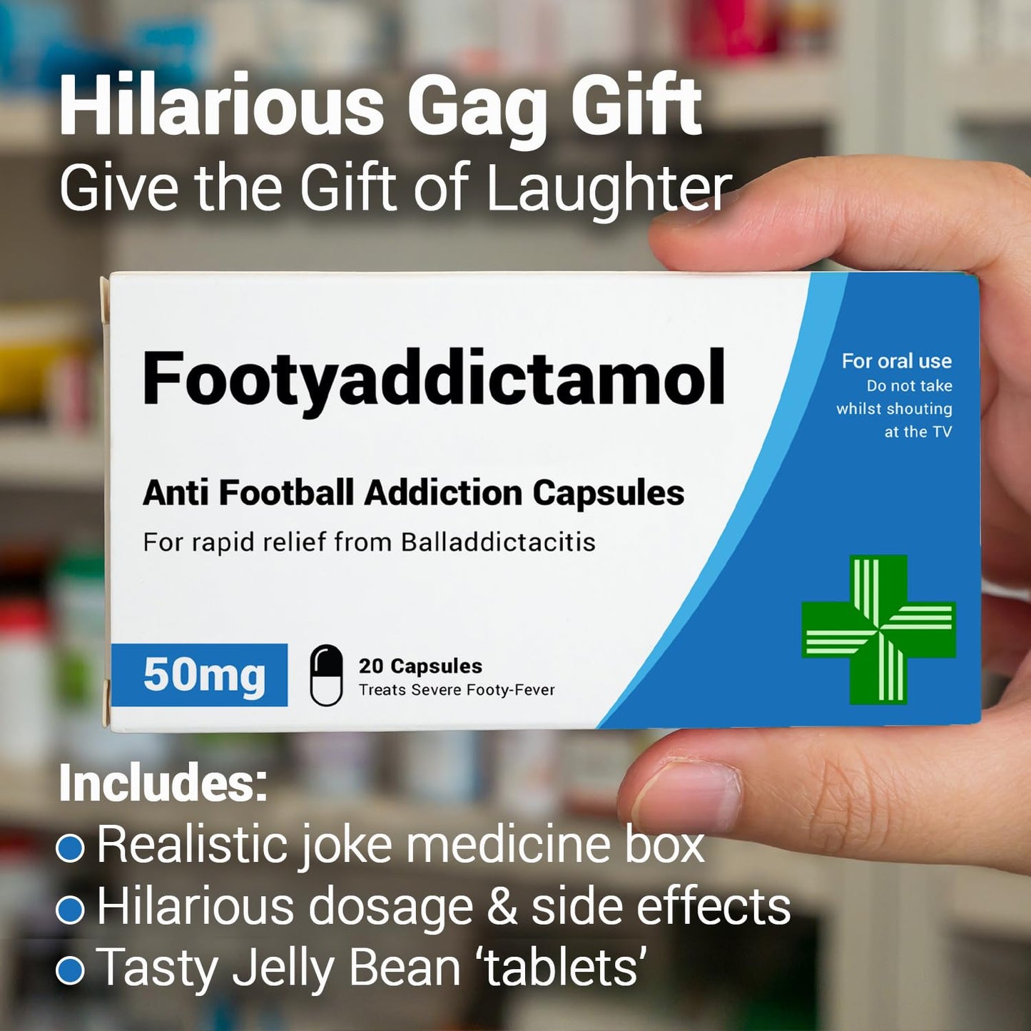 FootyAddictamol - Funny Gifts for Men. Joke Prank Pill Box, Jelly Bean Sweets 50g. Gifts for Football Fans, World Cup, England Football. Gifts for Men, Gifts for Teens