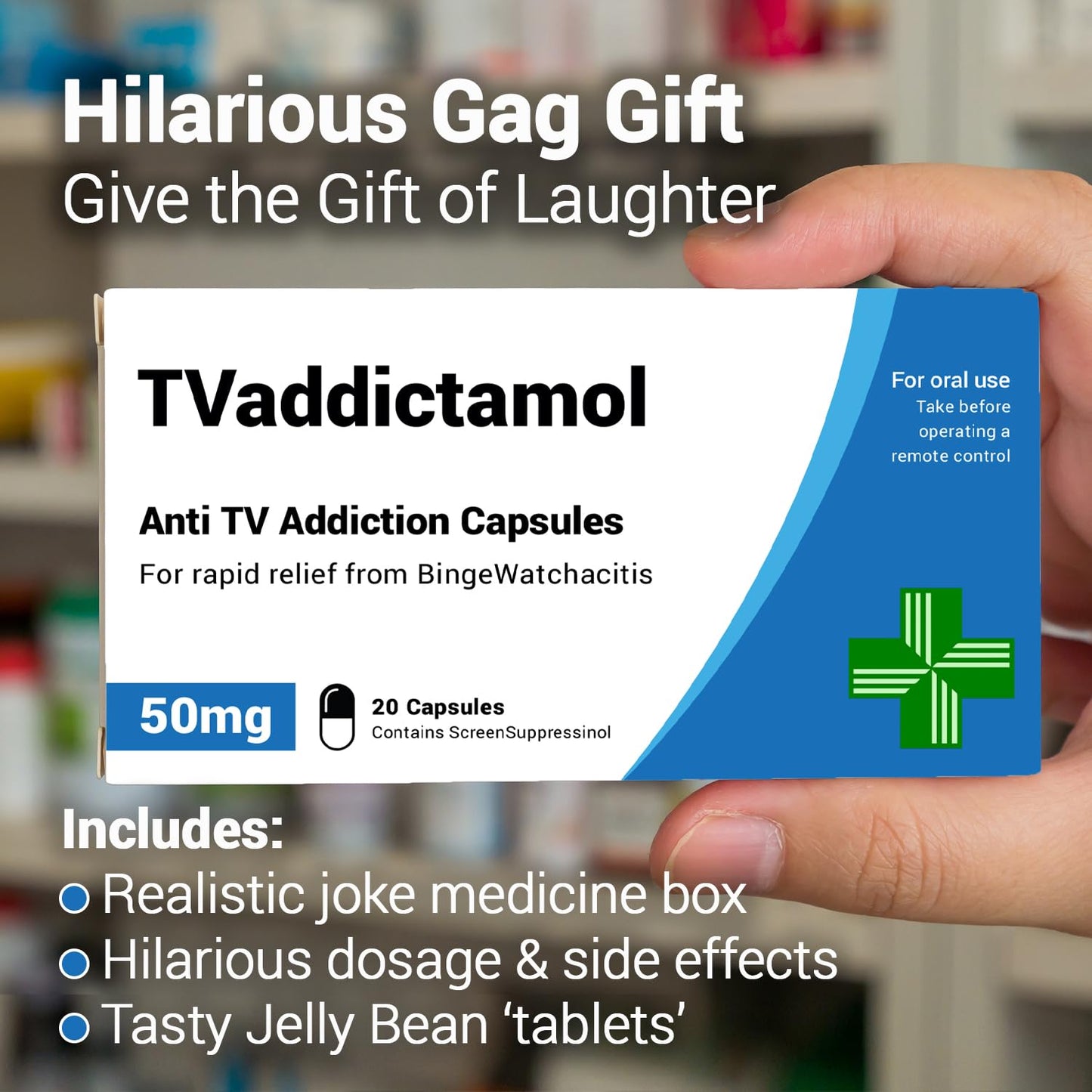 TVaddictamol - Funny Joke Pill Box, Jelly Beans Gag Gift, Birthday Funny Gifts for Women and Men, Secret Santa Gifts for Women