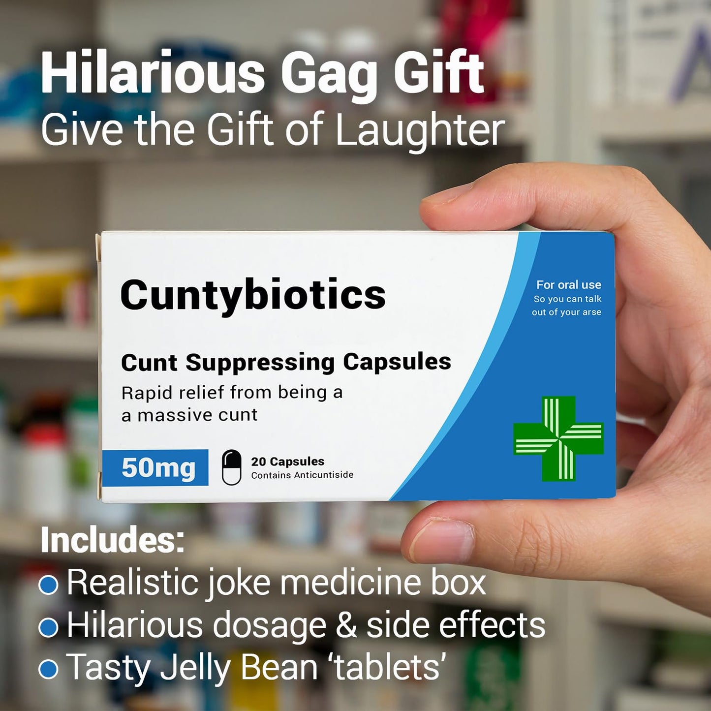 Cuntybiotics - Funny Rude Joke Prank Pill Box - Gag Gift with Jelly Beans Sweets, Secret Santa, Joke Gifts for Men, Christmas xmas Gifts for Men, xmas Gifts for Women, Cuntibiotics, Dad Birthday Gifts