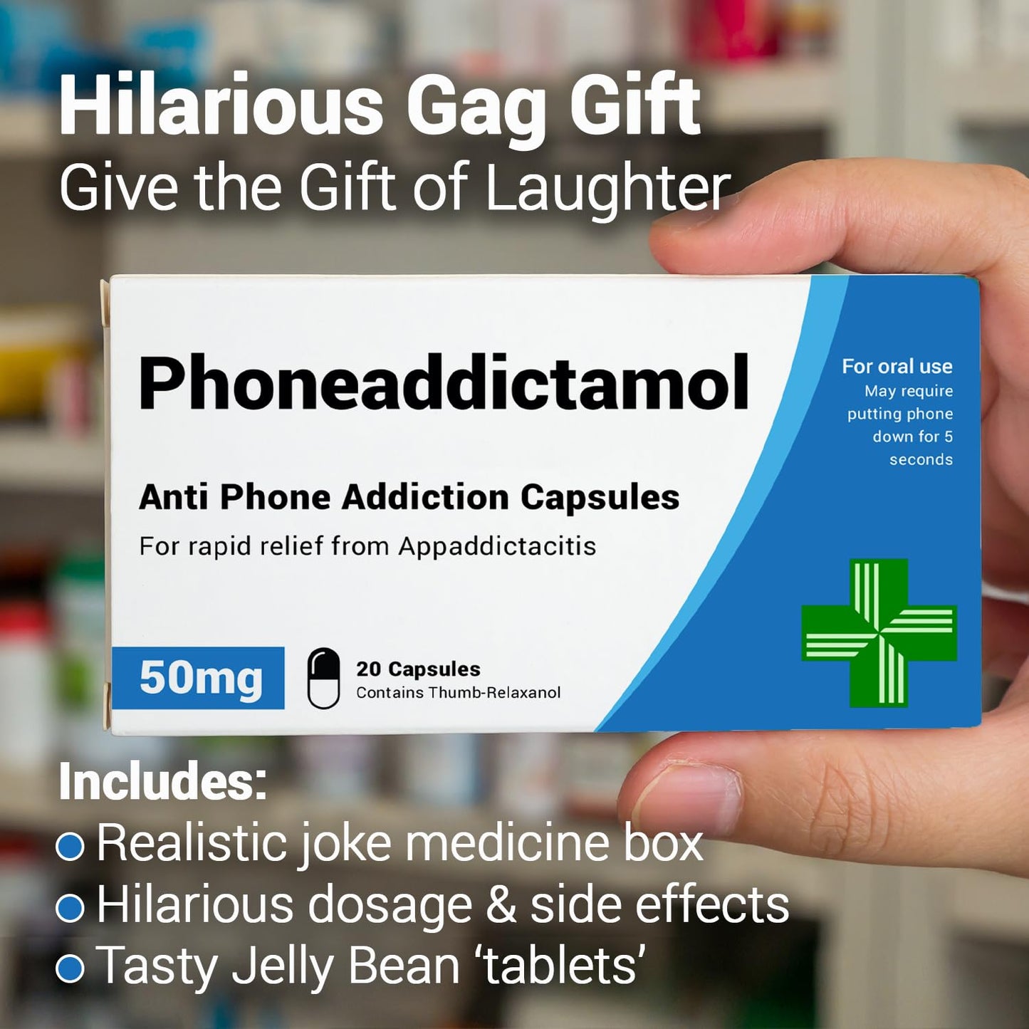 Phoneaddictamol - Funny Gifts for Teens, Men & Women. Joke Prank Pill Box, Jelly Bean Sweets 50g. Gifts for Boys, Gifts for Girls, Birthday Gifts for Women, Dad Birthday Gifts