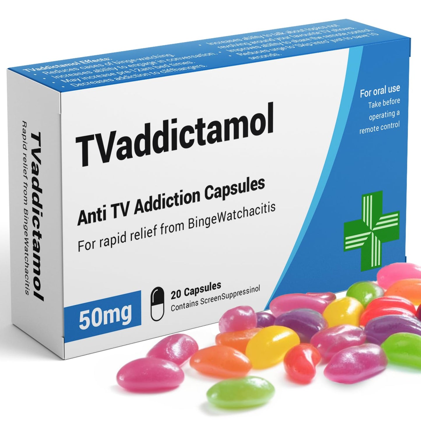 TVaddictamol - Funny Joke Pill Box, Jelly Beans Gag Gift, Birthday Funny Gifts for Women and Men, Secret Santa Gifts for Women