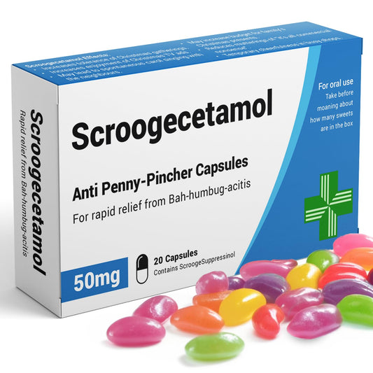 Scroogecetamol - Funny Gifts for Men. Joke Prank Pill Box, Jelly Bean Sweets 50g. Secret Santa Gifts for Men. Gifts for Men, Funny Secret Santa Gifts, Dad Gifts
