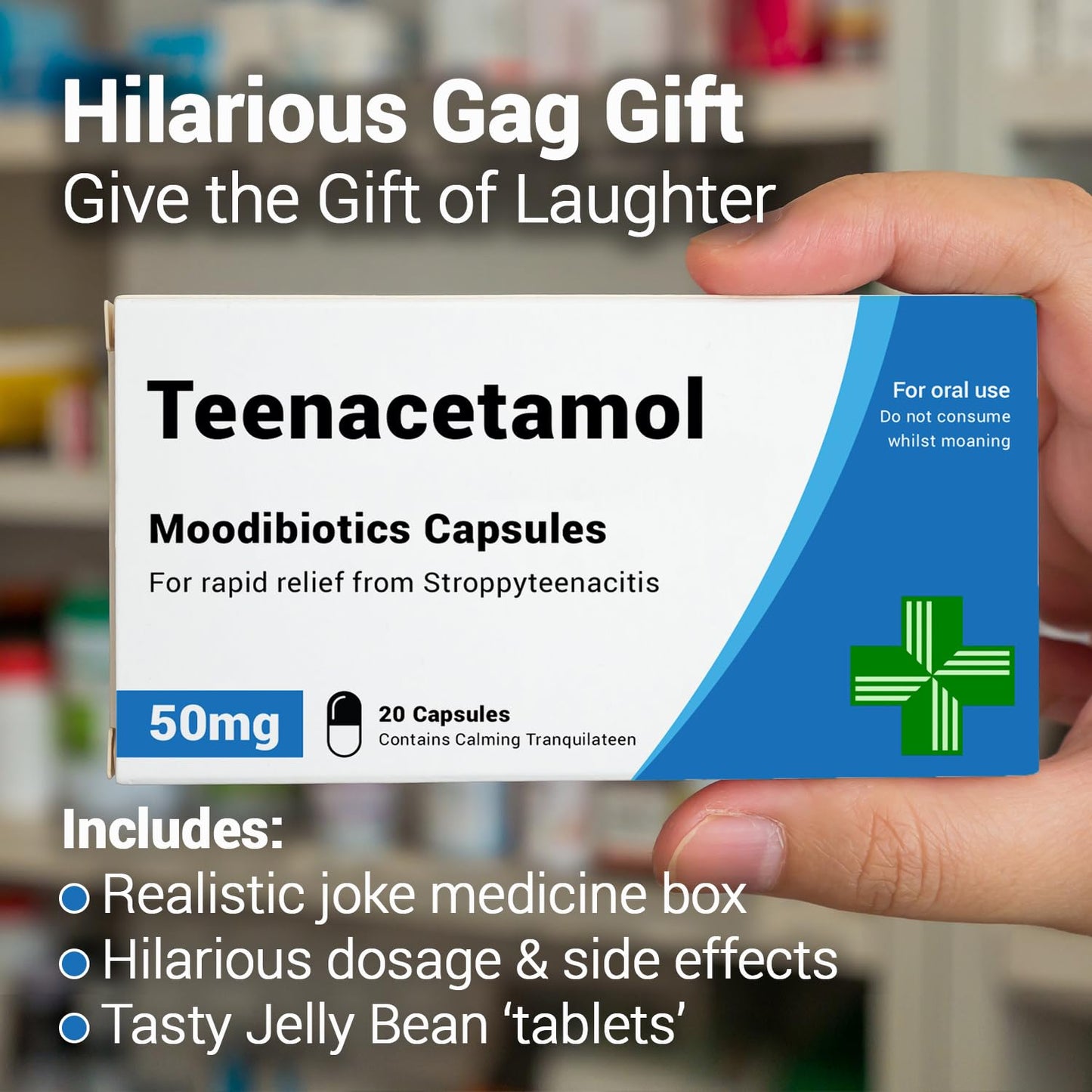 Teenacetamol - Funny Gifts for Teens. Joke Prank Pill Box, Jelly Bean Sweets 50g. Gifts for Boys, Teenage Gifts for Girls, 13th Birthday Gifts, 17th Birthday, 18th Birthday Gifts for Boys & Girls
