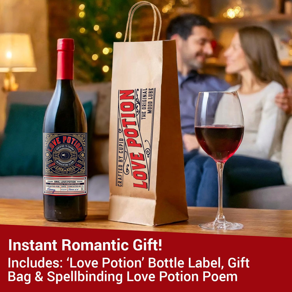 KadoBox - Love Potion Funny Wine Label - Wine Label & Gift Bag. Anniversary for Men & Women. Wine Gifts for Women. Funny Birthday Gift, Anniversary for Her, Valentines