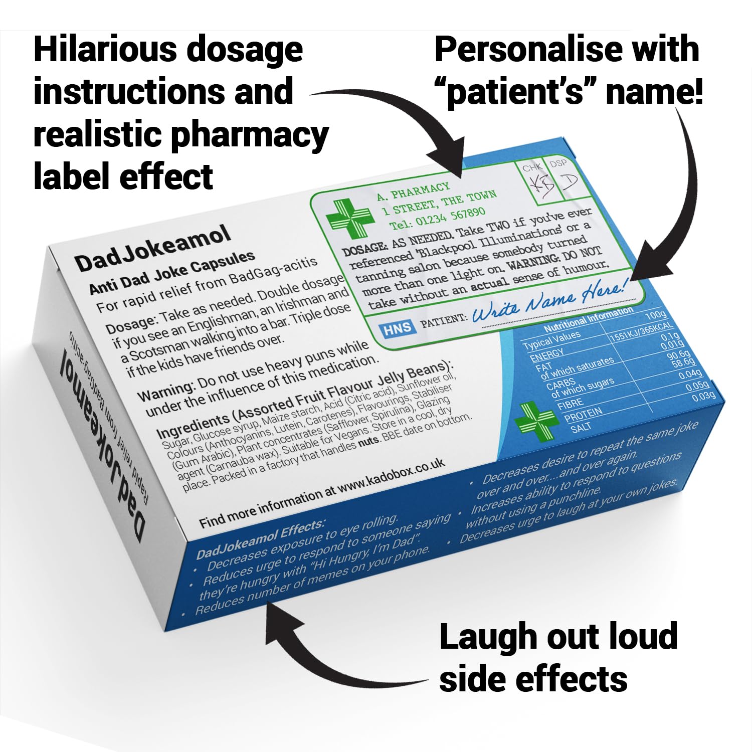 KadoBox - DadJokeamol - Funny Joke Pill Box with Jelly Bean Sweets - Dad Jokes Gift - Funny Gifts for Men. Gifts for Fathers - Gifts from Daughter and Son - Gifts for Dad - Dad Birthday Gifts