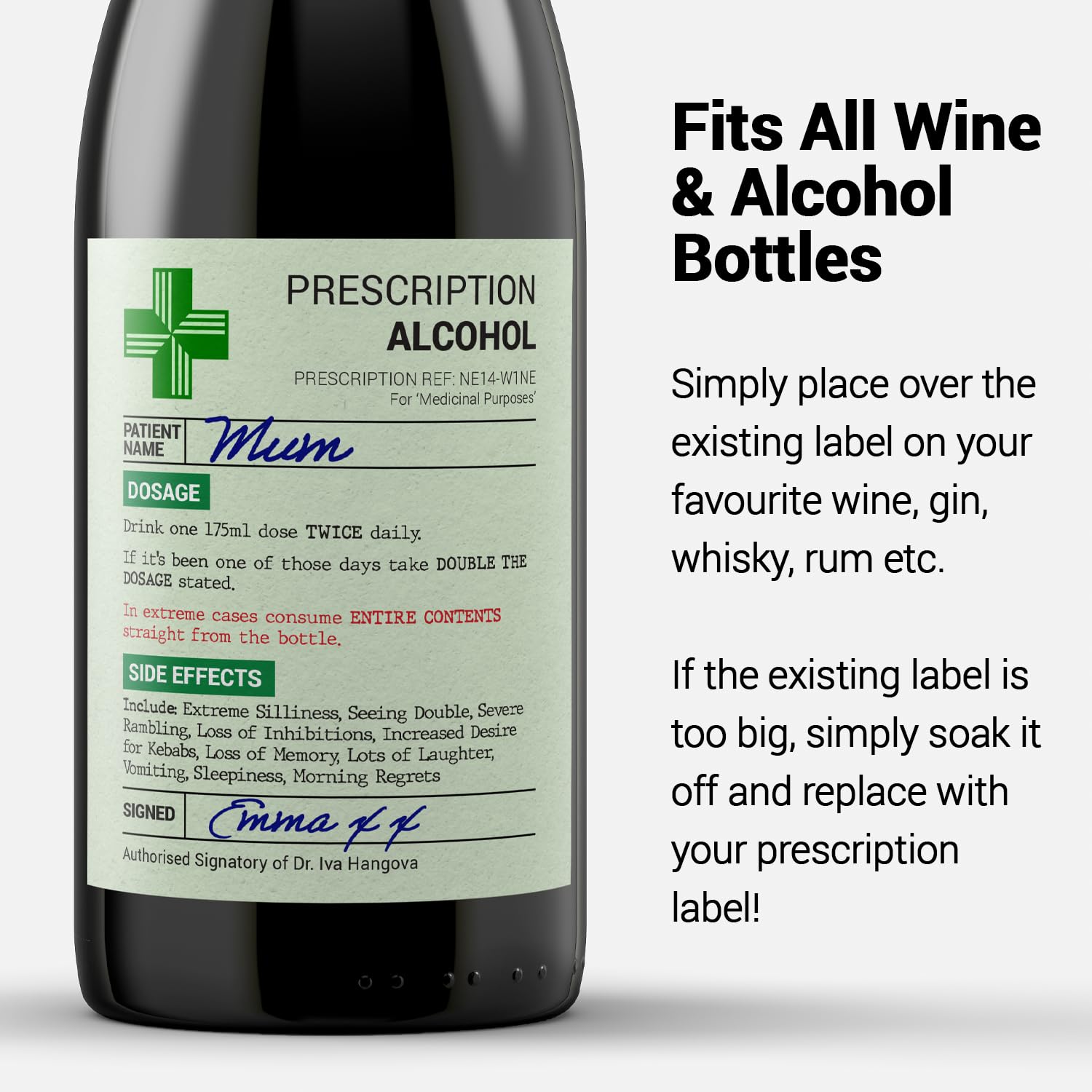 KadoBox - Funny Prescription Wine Label & Gift Bag Premium Quality - Funny Gifts for Women and Men - Teacher Gifts, Prosecco Gifts for Women - Birthday Gifts - Dad and Mum Gifts - Unusual Gifts