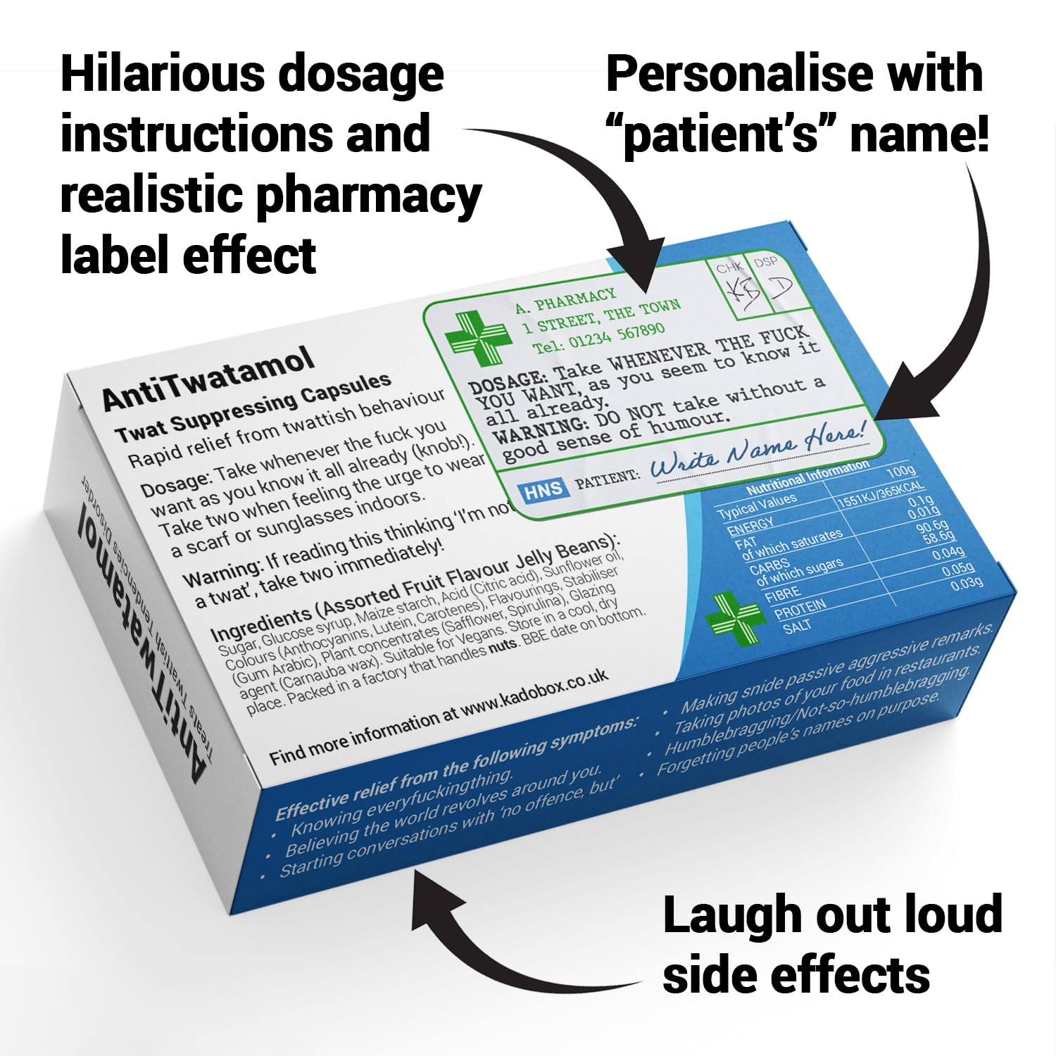 KadoBox - AntiTwatamol - Funny Joke Pills Box - Gag Gift with Jelly Beans Sweets (50g), Birthday Gifts for Men, Secret Santa Gifts, Dad Gift, Under 10 pounds