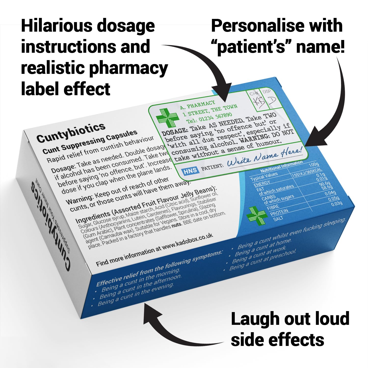 KadoBox - Cuntybiotics - Funny Rude Joke Prank Pill Box - Gag Gift with Jelly Beans Sweets, Secret Santa, Joke Gifts for Men, Christmas xmas Gifts for Men, xmas Gifts for Women, Cuntibiotics, Dad Birthday Gifts