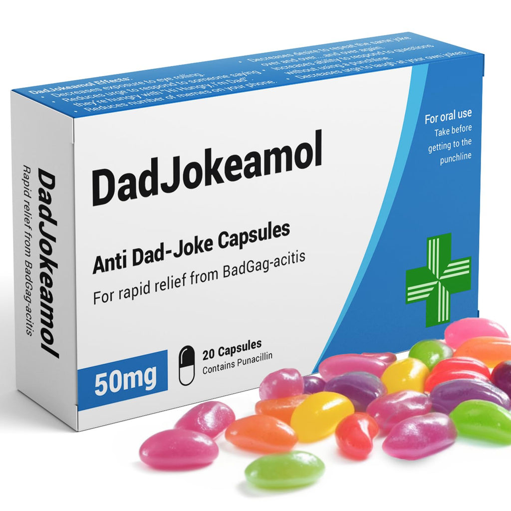 KadoBox - DadJokeamol - Funny Joke Pill Box with Jelly Bean Sweets - Dad Jokes Gift - Funny Gifts for Men. Gifts for Fathers - Gifts from Daughter and Son - Gifts for Dad - Dad Birthday Gifts
