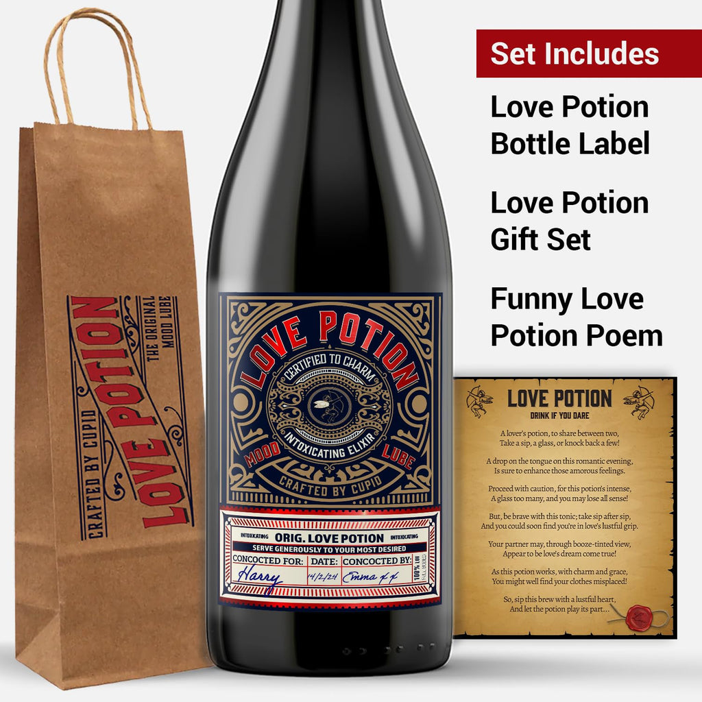 KadoBox - Love Potion Funny Wine Label - Wine Label & Gift Bag. Anniversary for Men & Women. Wine Gifts for Women. Funny Birthday Gift, Anniversary for Her, Valentines