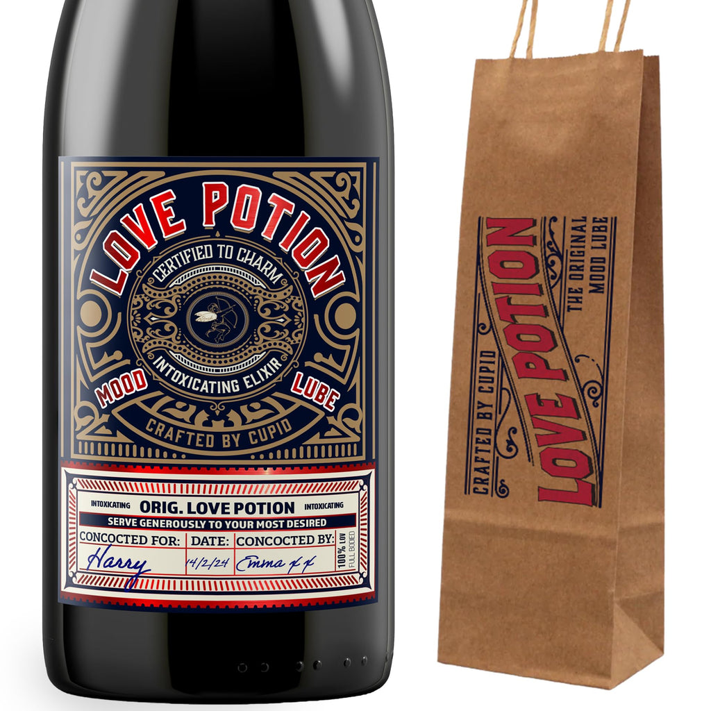 KadoBox - Love Potion Funny Wine Label - Wine Label & Gift Bag. Anniversary for Men & Women. Wine Gifts for Women. Funny Birthday Gift, Anniversary for Her, Valentines