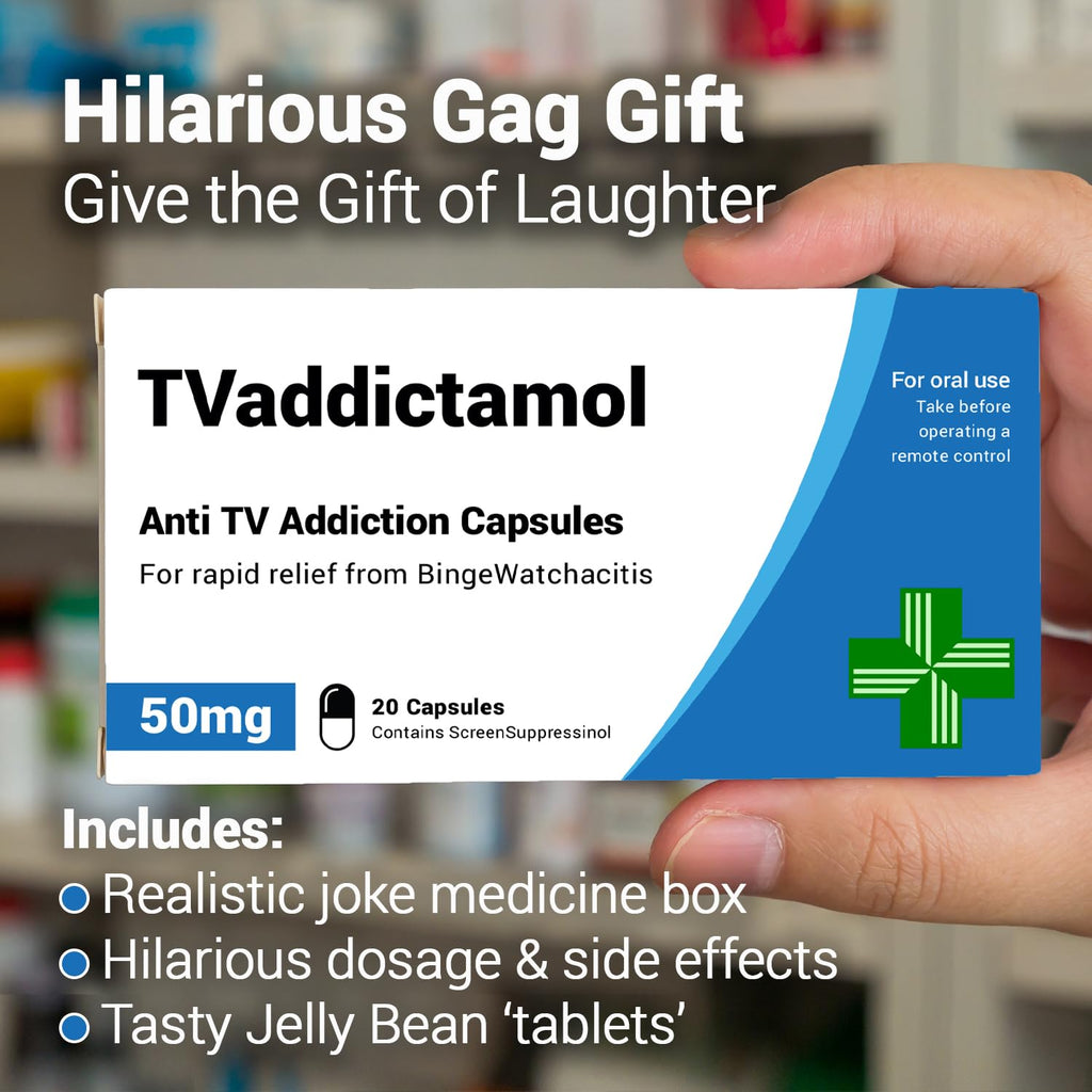 KadoBox - TVaddictamol - Funny Joke Pill Box, Jelly Beans Gag Gift, Birthday Funny Gifts for Women and Men, Secret Santa Gifts for Women